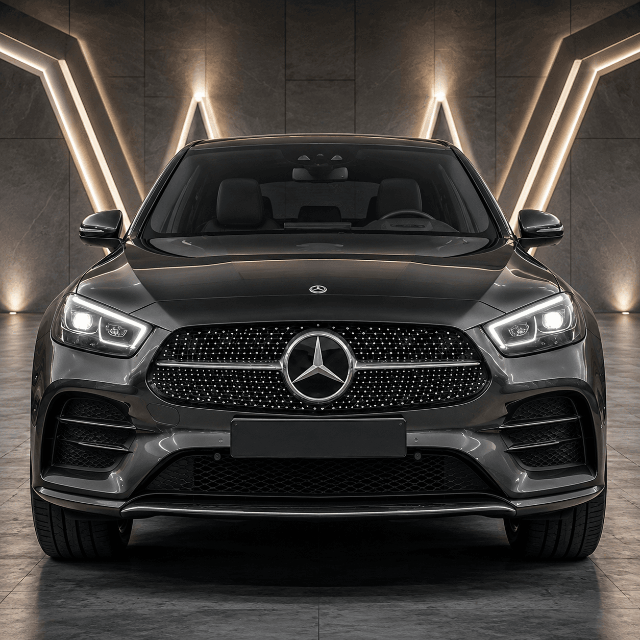 Luxury SUV front view at night with headlights on