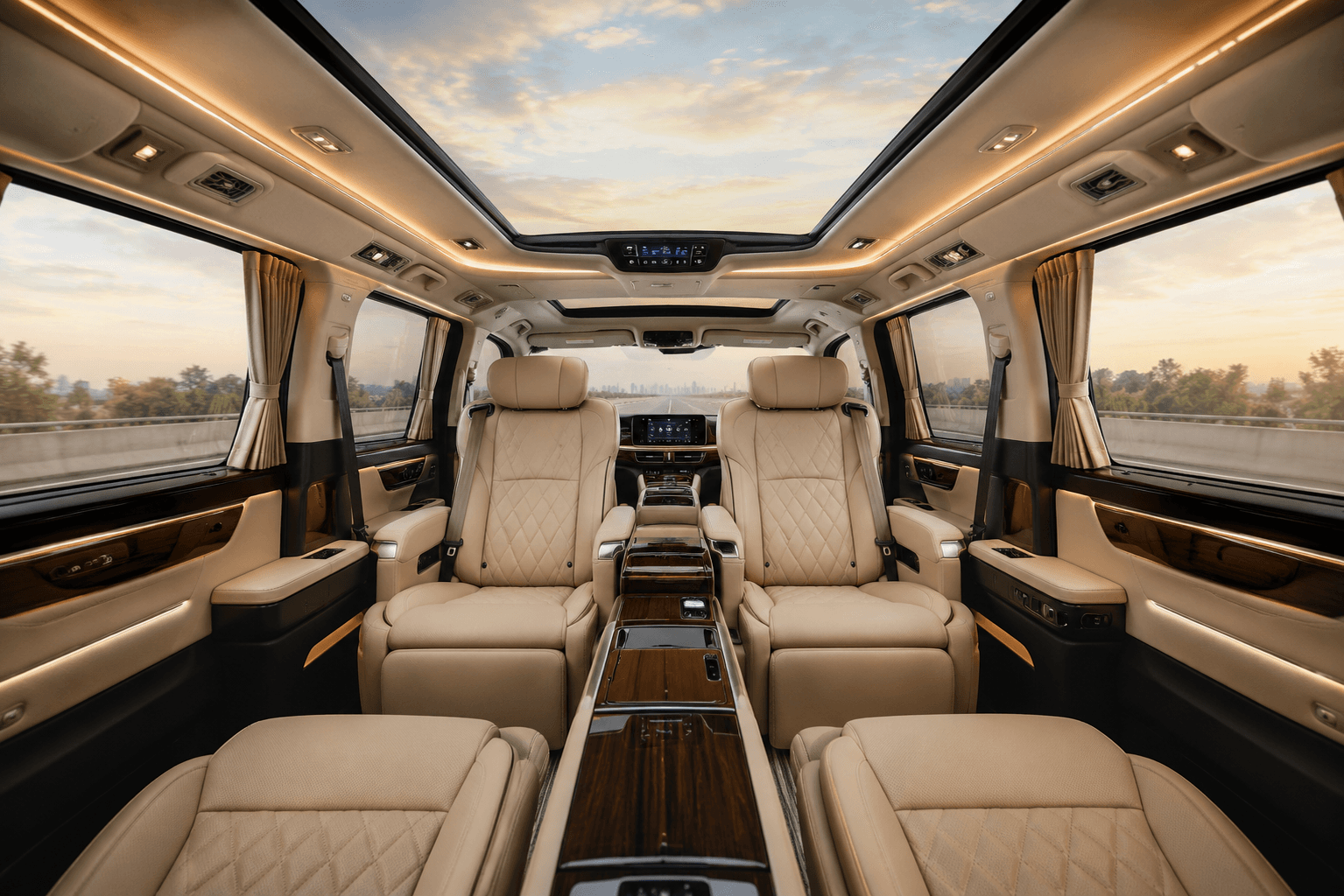 Premium van interior with tan leather captain chairs