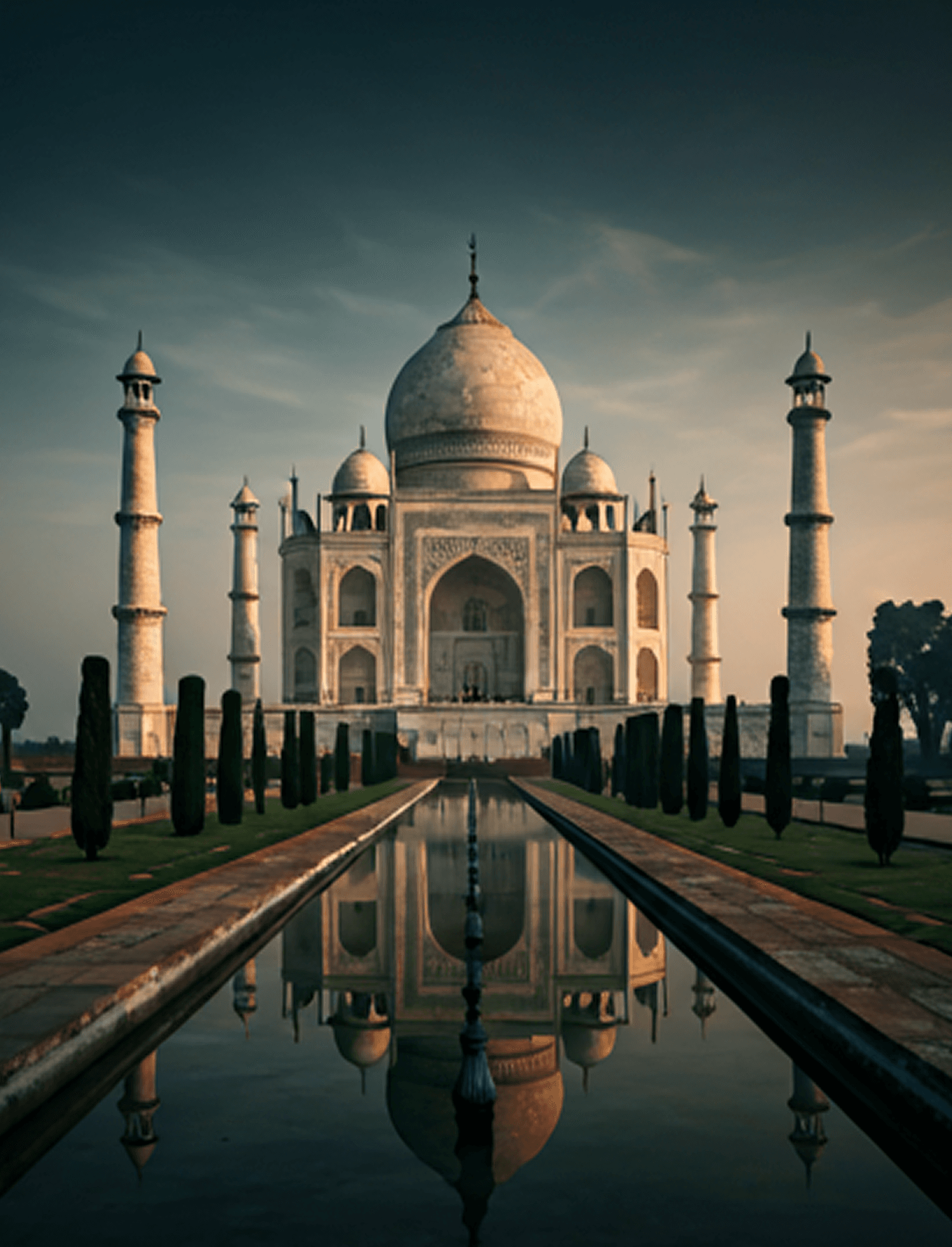 Taj Mahal reflected in water at sunset