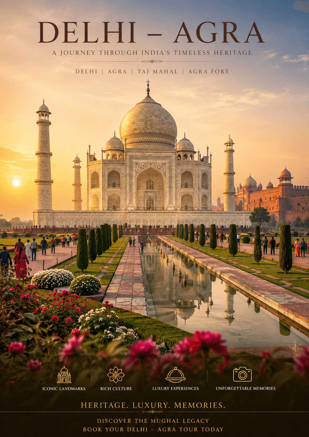 Taj Mahal glowing at sunrise with reflecting pools in the foreground