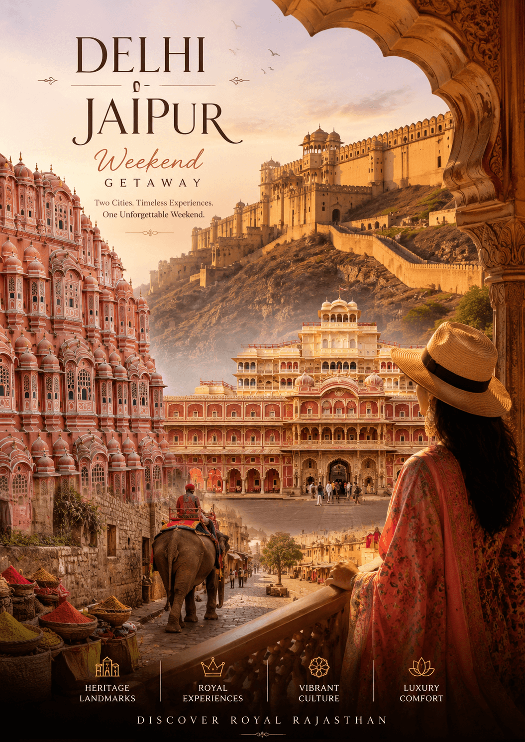 Amer Fort in Jaipur with golden walls against a clear blue sky
