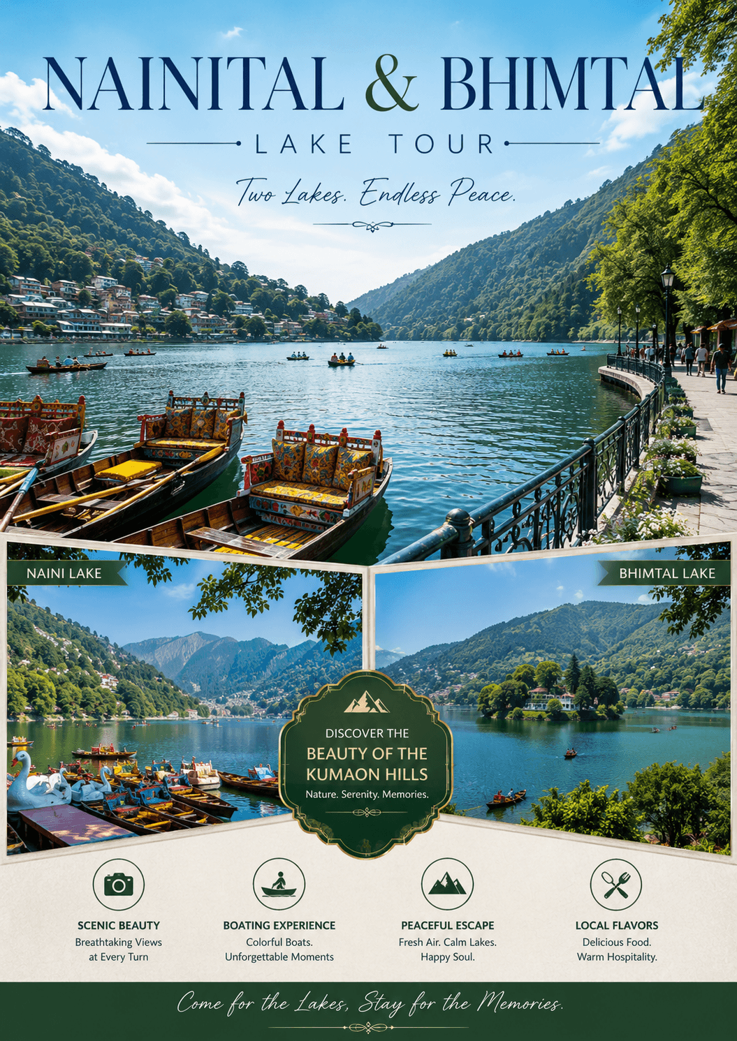 Naini Lake surrounded by forested hills and colorful boats