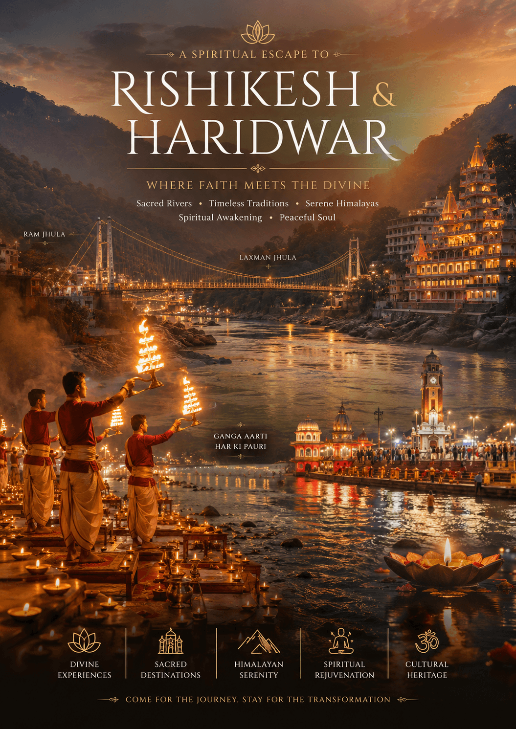 Ganga Aarti ceremony at Haridwar ghats with oil lamps and devotees