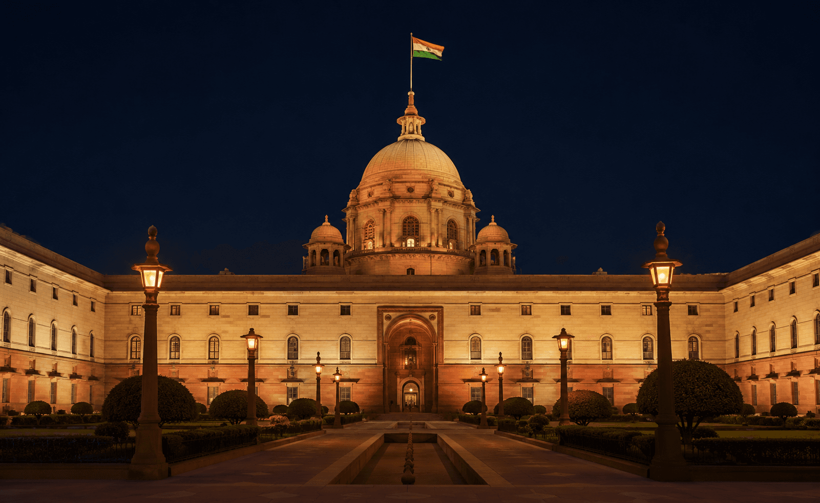 Government institutional building illuminated at night