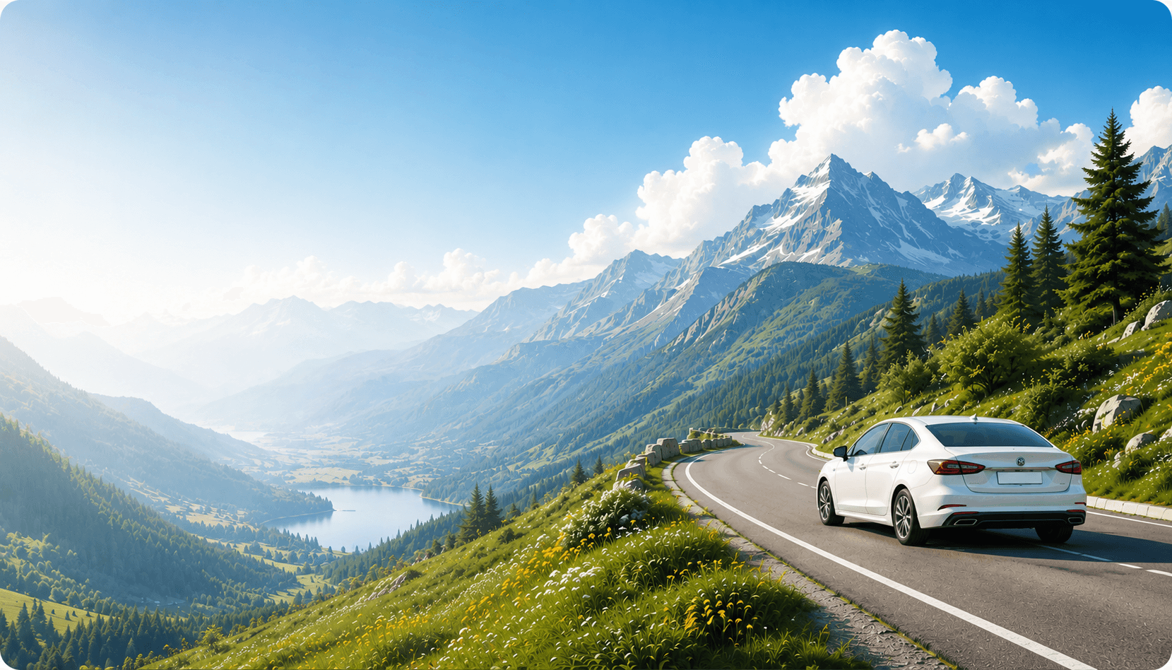 Luxury sedan driving along a scenic mountain road with snow-capped peaks