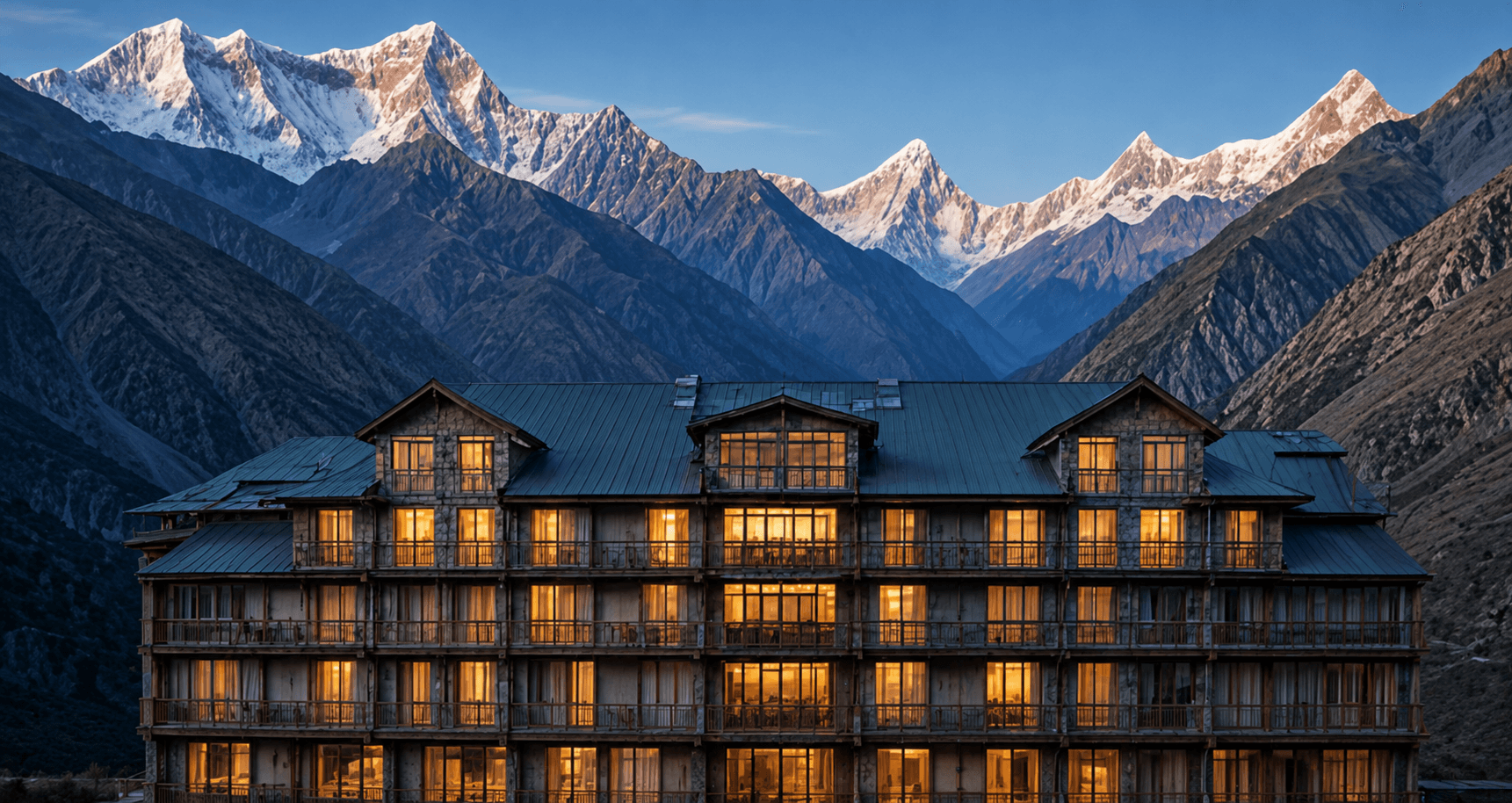 Luxury mountain resort illuminated at night beneath Himalayan peaks